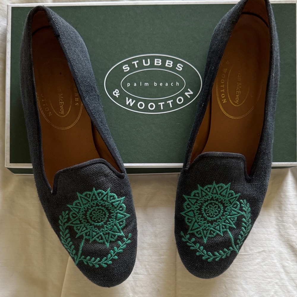 Stubbs & Wootton Navy Linen Loafers with Turquoise Embroidery 9.5